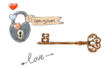 Hand drawn design romantic elements for Valentines day. Padlock and Open my heart on the ribbon, vintage key, love lettering. Vector illustration.