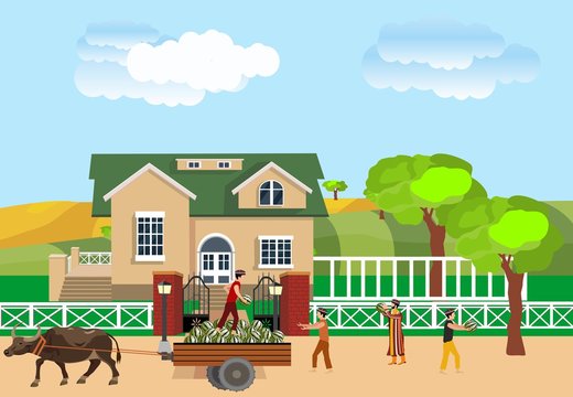 Cart with watermelons, at the house, men downloding ans selling watermelons to people. Life style in countryside, vector imege