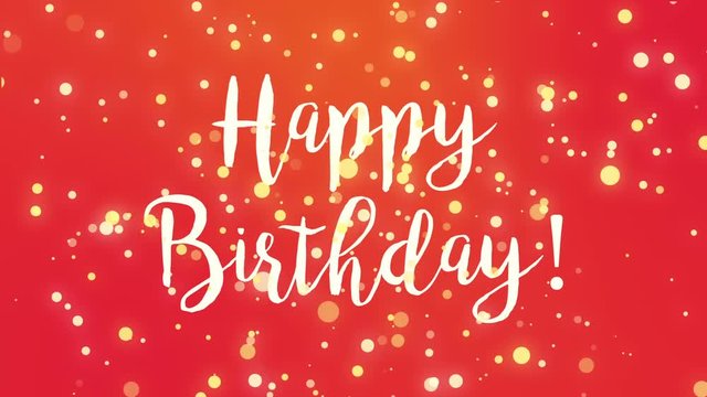 Red Happy Birthday greeting card video animation with handwritten text and falling sparkly particles.