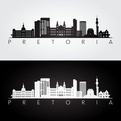 Naklejka premium Pretoria skyline and landmarks silhouette, black and white design, vector illustration.