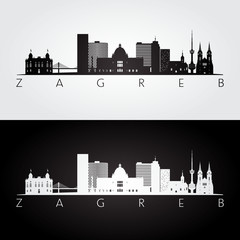 Zagreb skyline and landmarks silhouette, black and white design, vector illustration.