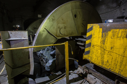 Underground Iron Ore Mine Shaft Tunnel Gallery With  Rotary Car Dumper Ore Car