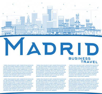 Outline Madrid Spain City Skyline with Blue Buildings and Copy Space.