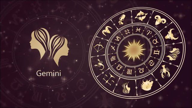 Zodiac sign Gemini and horoscope wheel