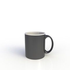 Black coffee cup isolated on white background. Close up with side view. Mock up Template for application design. Exhibition equipment. Set template for the placement of the logo. 3D rendering.