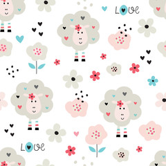 Seamles pattern with cute sheep and flowers