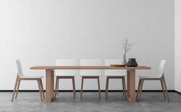 Minimal style dining room 3d rendering image.There are concrete floor,Decorate wall with white wood lattice and finished with wood furniture.