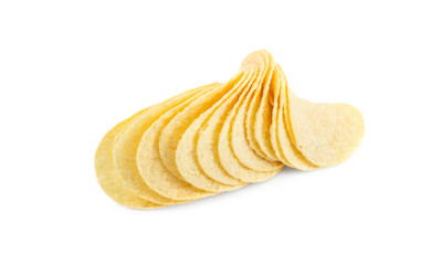 Potato chips on white background.