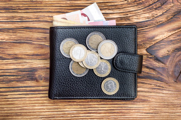 Wallet with euro bills and euro coins on wooden table. Business concept. Top view.