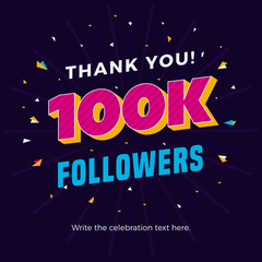 100k followers card banner template for celebrating many followers in online social media networks.
