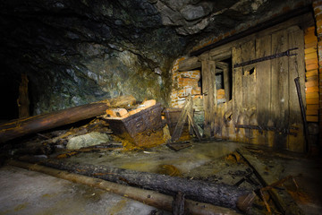 Underground abandoned gold ore mine shaft tunnel gallery