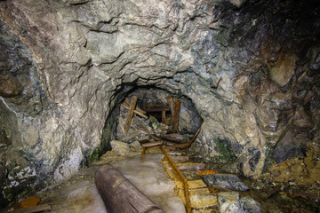 Underground abandoned gold ore mine shaft tunnel gallery