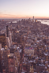 New York City - Manhattan downtown skyline skyscrapers at night - View from Observation Deck on the Empire State Building at twilight. USA.