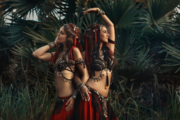 two beautiful tribal fusion belly dancers in costumes outdoors at sunset