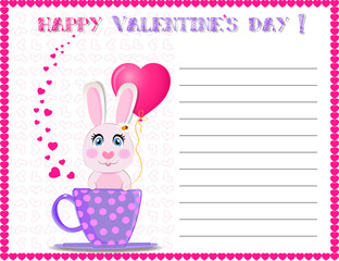 Happy Valentine's day greeting card with cute cartoon rabbit