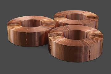 Pipes bobbins. Copper metal. Isolated on a gray background, clipping path included. 3D Illustration   

