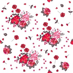 Seamless rose and poppy pattern. Red and pink flowers isolated on white background.