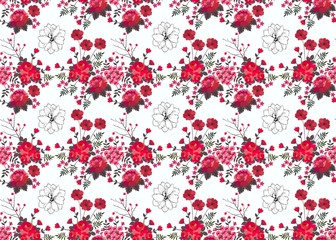 Fototapeta na wymiar Seamless floral pattern with red roses , berries and poppies isolated on white background. Print for curtain. Vector summer design.