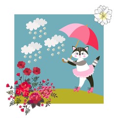 Cute kitty with pink umbrella. Greeting card, baby shower invitation, vector summer design. 
