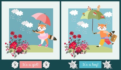 Cute little cats with umbrellas. Set of two baby shower invitations. Beautiful vector design.