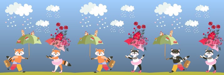 Lovely small foxes and kittens with fairy umbrellas. Endless border. Print for fabric. Vector summer design.