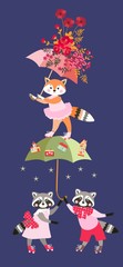 Cute cartoon little raccoons and fox with fairy umbrellas isolated on dark blue background.  Greeting card, invitation for baby. Beautiful vector illustration.