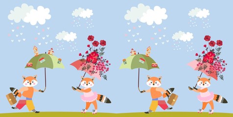 Greeting card with cute cartoon little foxes with fairy umbrellas or endless animal print. Vector summer pattern for children.
