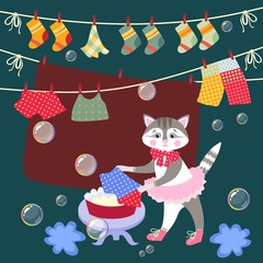 Cute kitty washes clothes. Vector illustration. Beautiful card with lovely animal and bubbles.