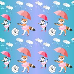 Endless background with cute little foxes and kittens with umbrellas on gradient blue background. Vector summer design.