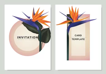 Muurstickers Bird of paradise flowers and leaves with pink circle and triangle frame,  invitation card template design © momosama