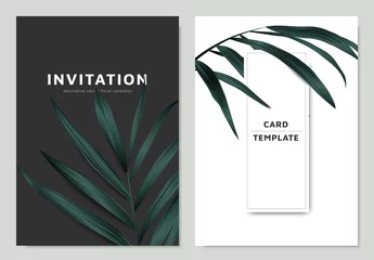 Foto op Canvas Green palm leaves, invitation card template design, minimal black and white tone © momosama