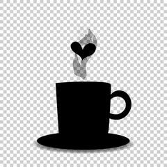 Black silhouette of tea or coffee cup with steam and heart