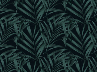 Nahtloses Muster der tropischen Pflanze, Palmblätter auf schwarzem Hintergrund