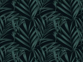 Tapeten Nahtloses Muster der tropischen Pflanze, Palmblätter auf schwarzem Hintergrund © momosama