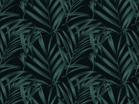 Tropical plant seamless pattern, palm leaves on black background