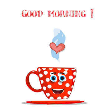 Cute cartoon red smiling cup and text good morning