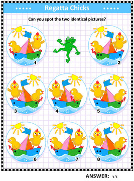 Spring or summer themed visual puzzle with sailor chicks and colorful boats: Can you spot the two identical pictures? Answer included.
