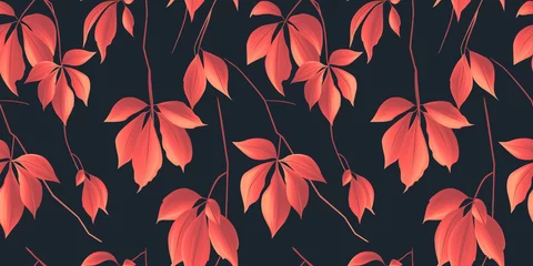 Gordijnen Seamless pattern, red Japanese maple Acer palmatum with branch on dark blue background © momosama