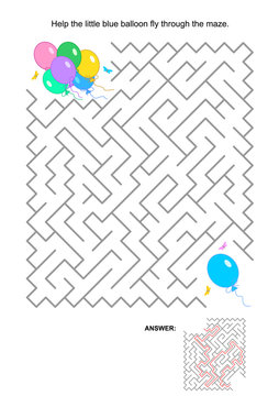 IQ training maze game for kids or grown-ups: Help alone blue balloon fly through the labyrinth and join the friends. Answer included.
