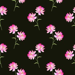 Seamless cosmos flowers pattern on black background in vector.