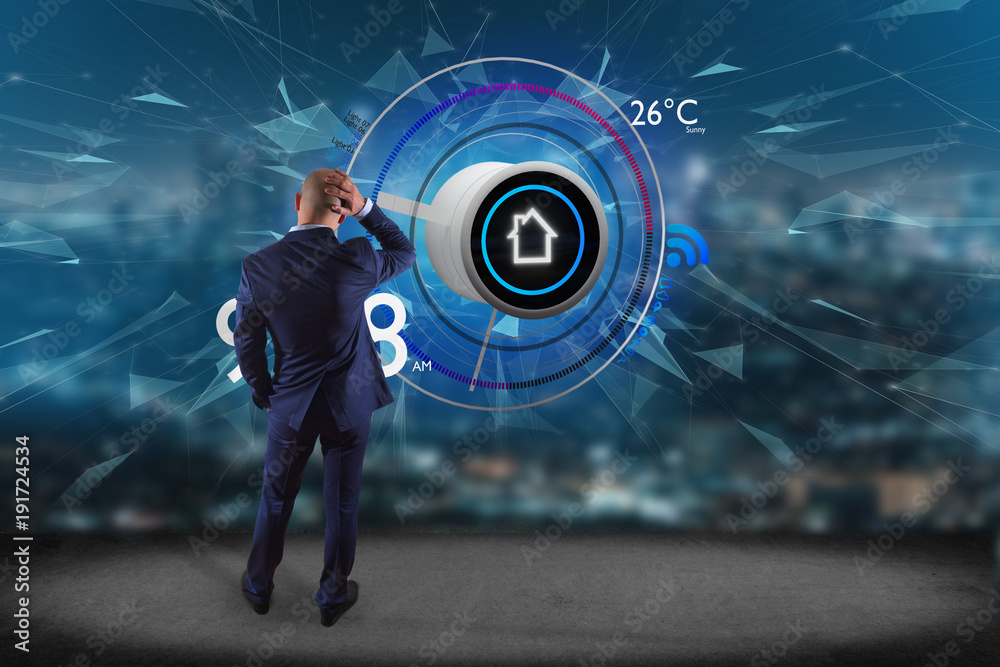Poster businessman in front of a wall with a button of a smart home automation app - 3d rendering