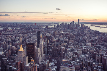 Obraz premium New York City - Manhattan downtown skyline skyscrapers at sunset - View from Observation Deck on the Empire State Building at twilight. USA.