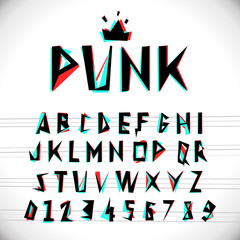 Font with glitched stereo effect. Vector distorted alphabet.