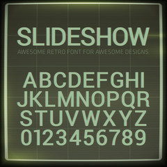 Fototapeta premium Retro font with blur effect. Vector distorted retro slide projector screen tiltle alphabet.