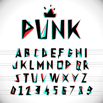 Font with glitched stereo effect. Vector distorted alphabet.