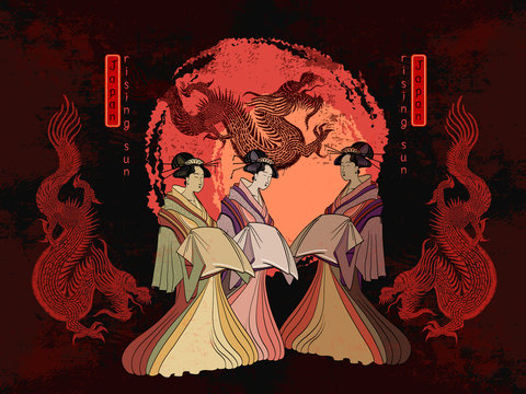 Asian culture. Geishas and dragons. Traditional Japanese culture, red sun, dragons and geisha woman. Japan art