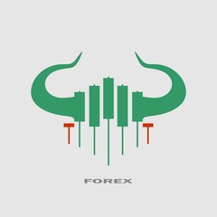 Logo candlestick trading chart analyzing in forex stock market. Exchange broker emblem. Bull horns and candles