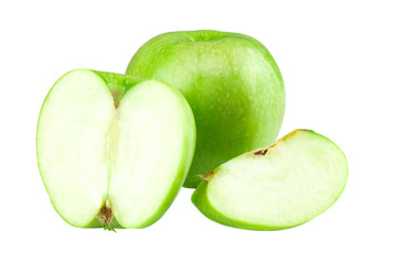 Green apple fruits and slices of apple isolated on white background