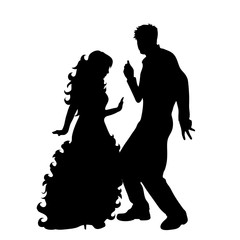 Vector silhouette of couple who dance on white background.