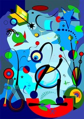 Abstract blue background ,fancy  geometric and curved shapes , surrealism art style